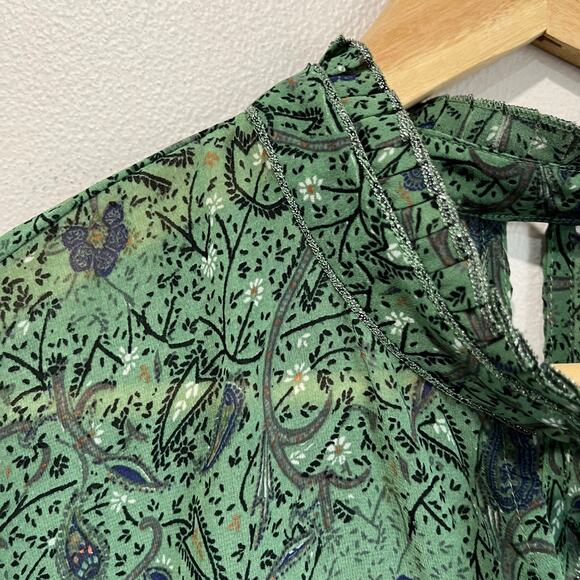 Lucky Brand Blouse 2X Green Paisley Ruffle Sleeve Boho Peasant Top Flowy - Picture 6 of 11